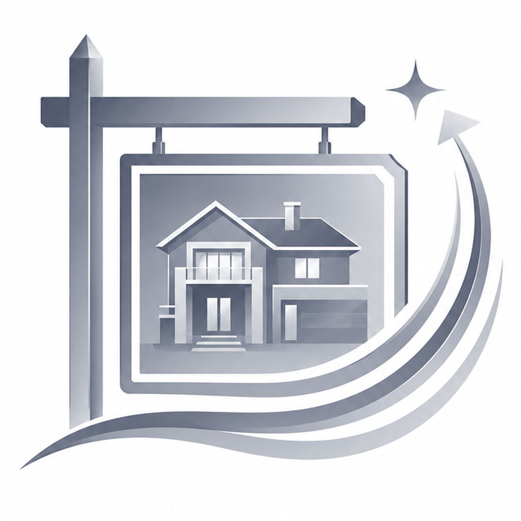 Luxury property sign with upward flowing lines representing more than 50,000 listings marketed annually