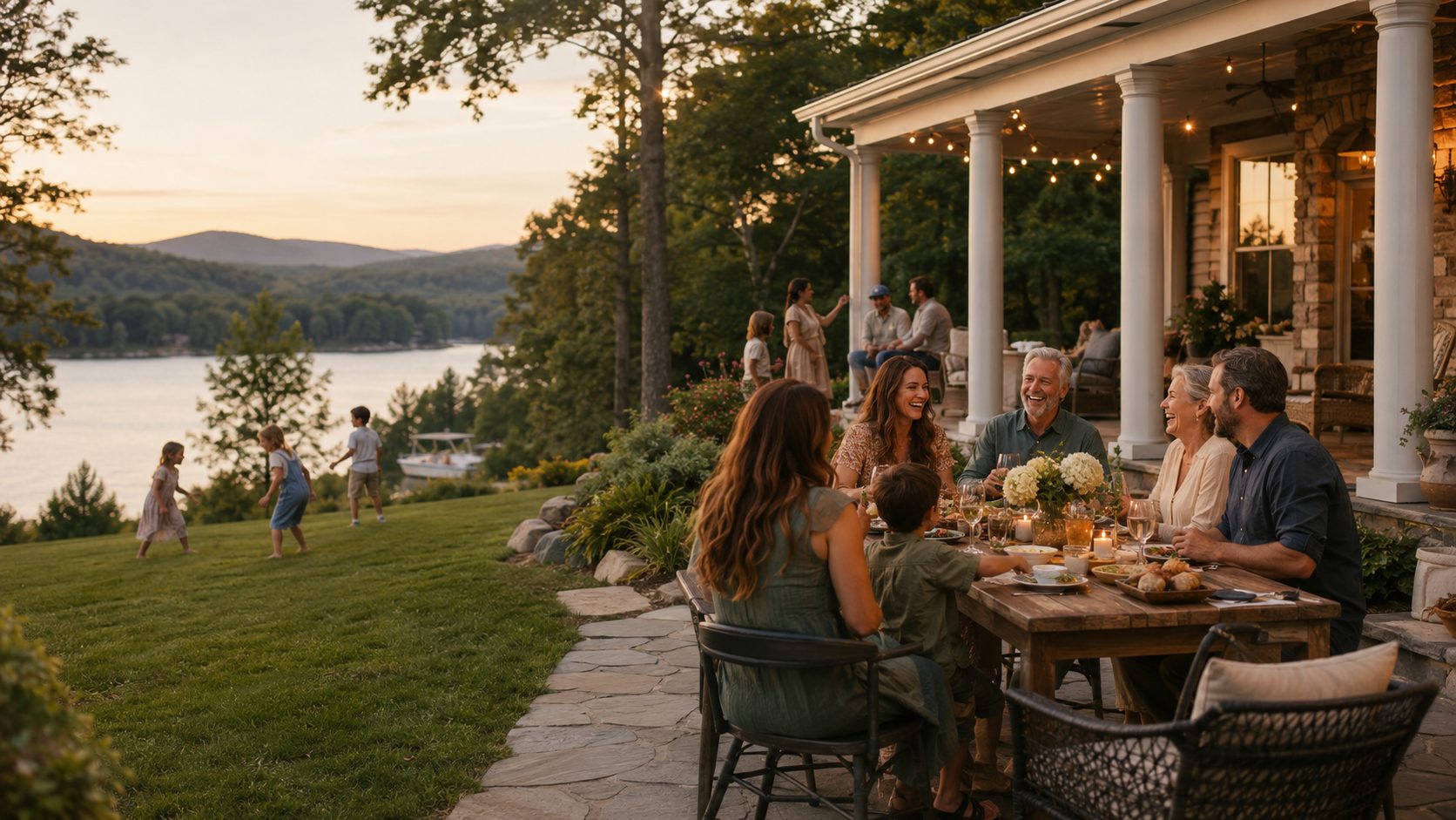 Family and friends enjoying lakefront living and mountain views in East Tennessee