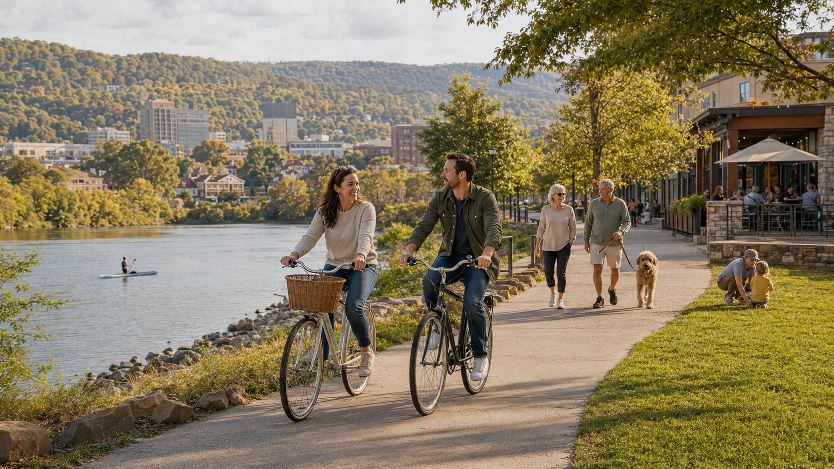 Couple cycling along an East Tennessee riverfront greenway near local restaurants and wooded foothills