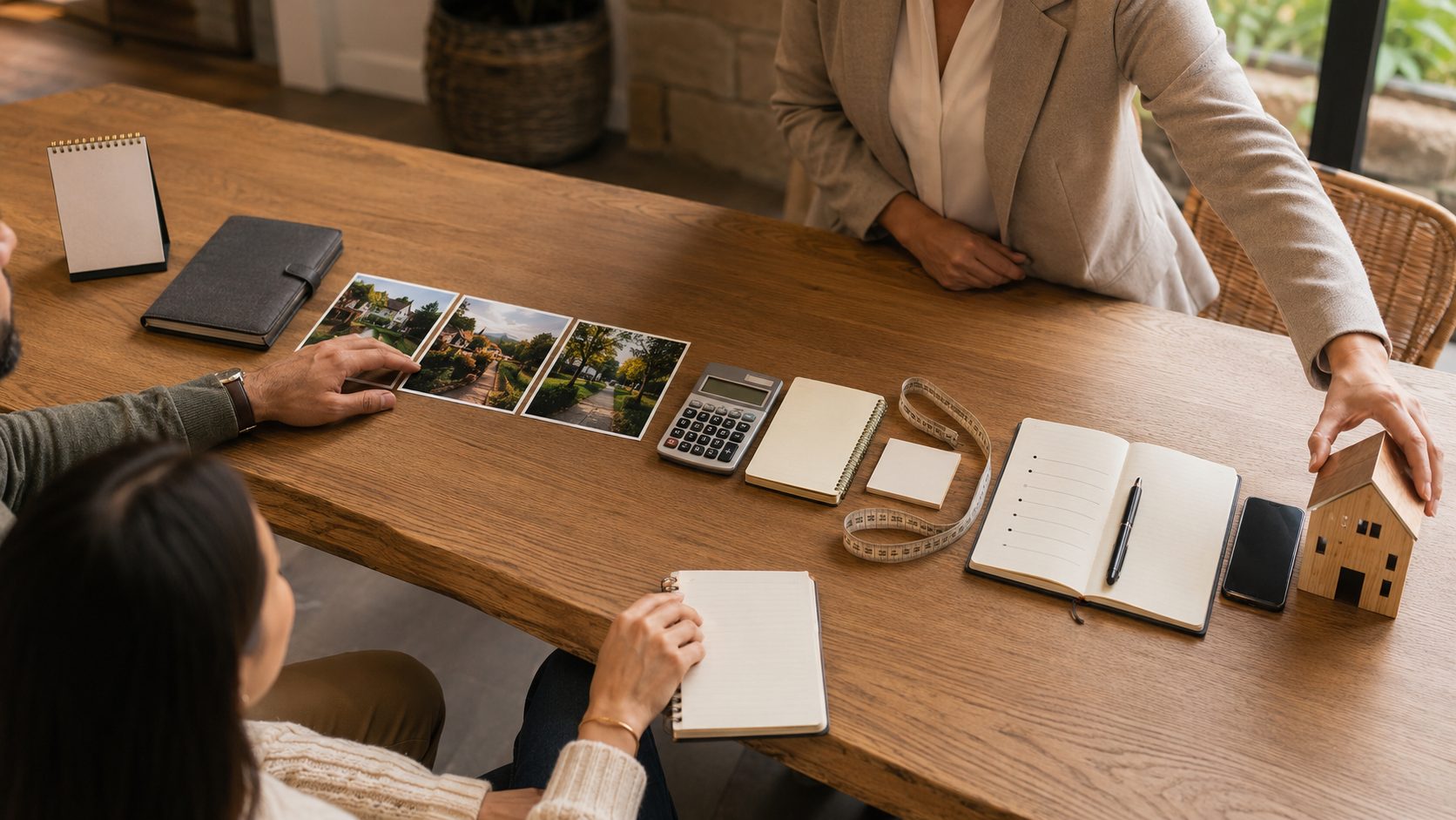 Couple reviewing communities, documents, budget, and moving plans with a relocation expert