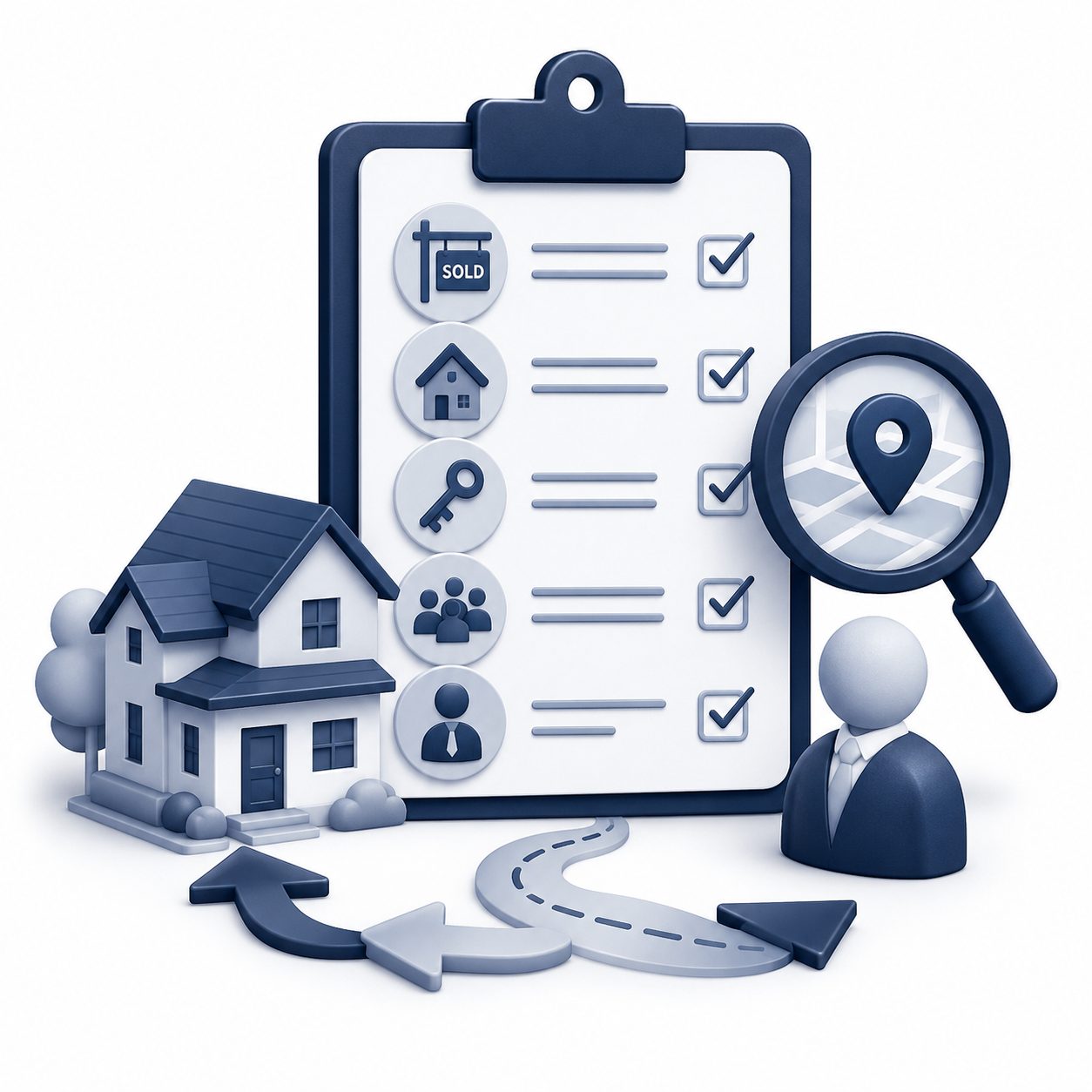 Real estate planning icon showing a checklist, home, agent support, and route for building an employee relocation plan.