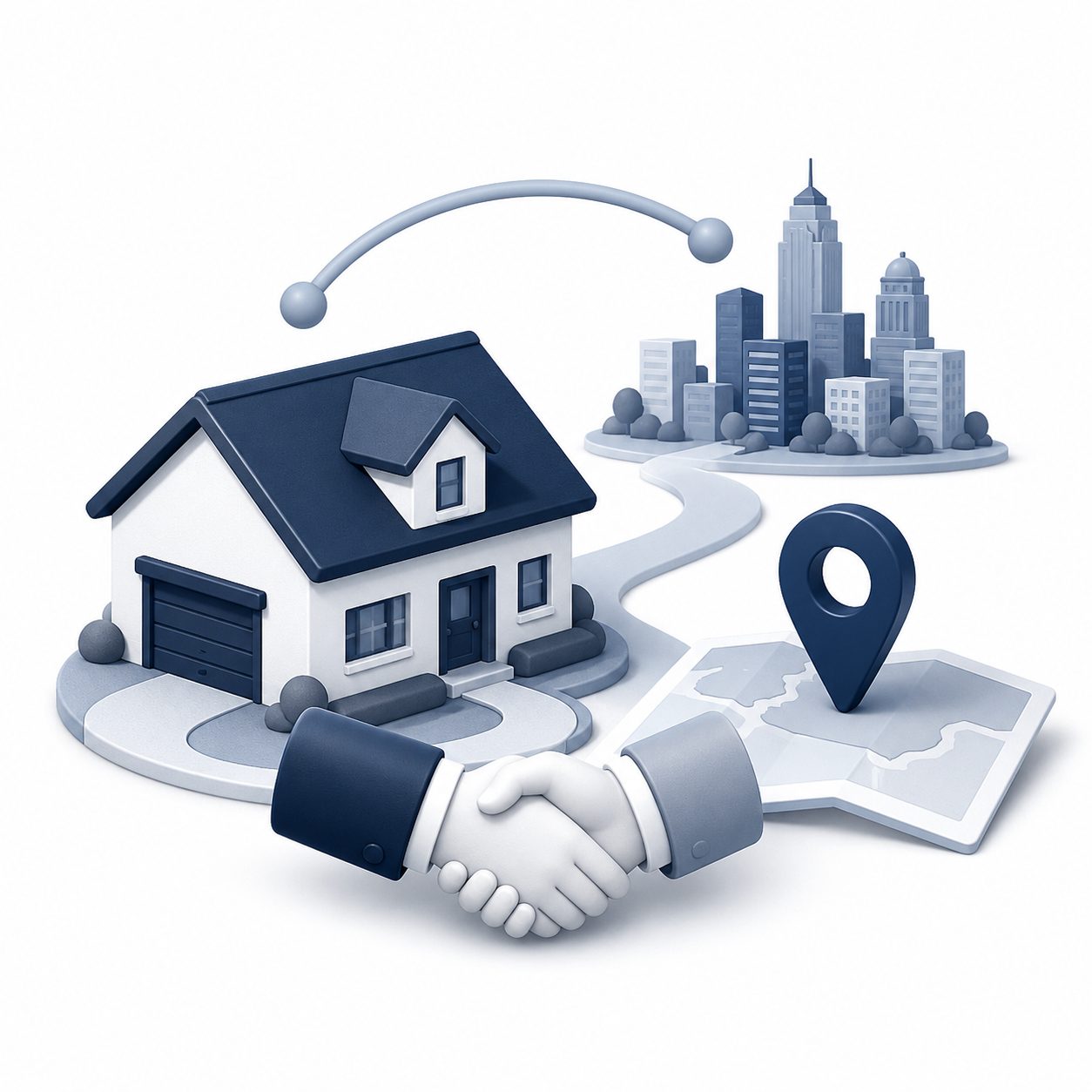 Real estate referral icon showing a handshake, home, map, destination city, and trusted agent connection beyond East Tennessee.