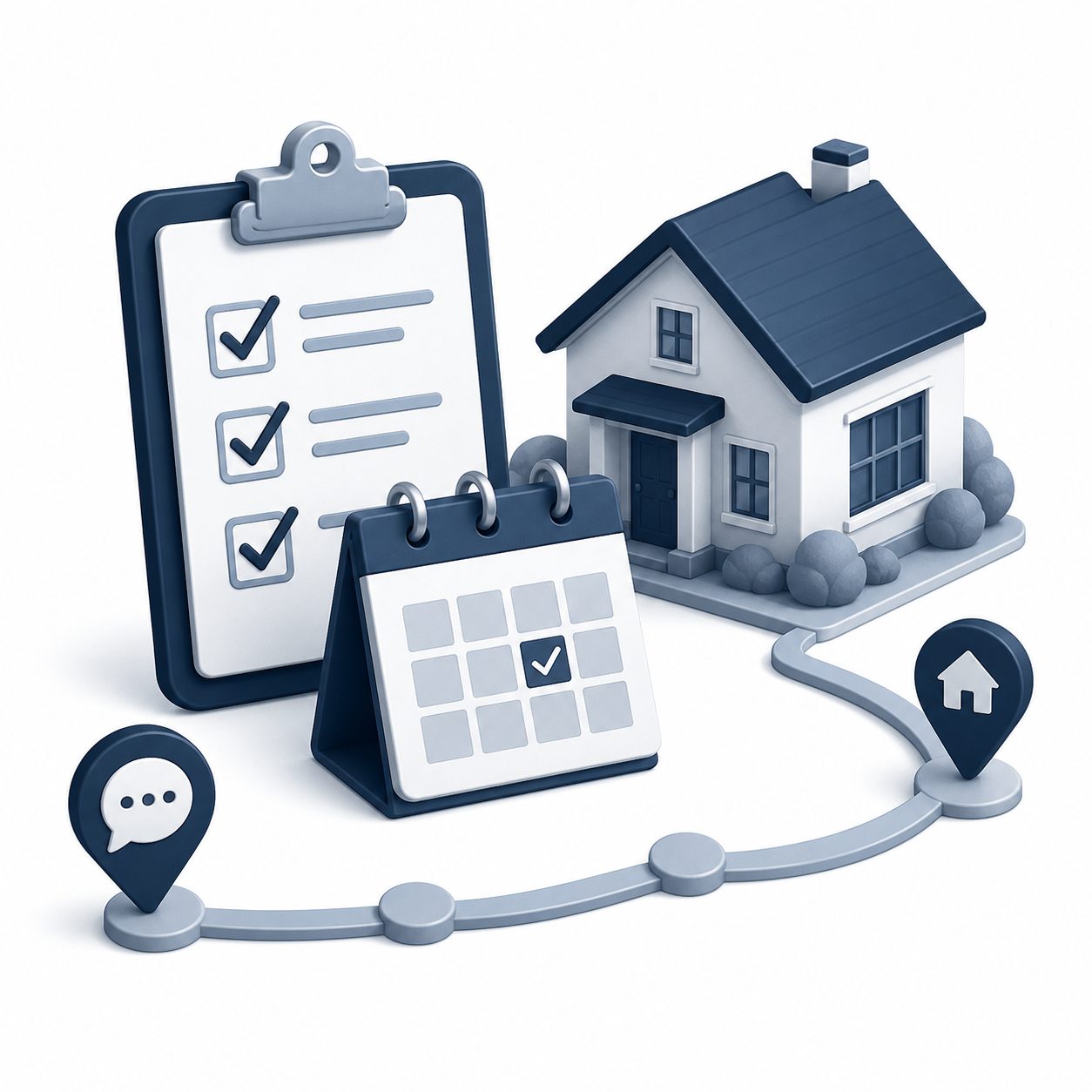 Relocation organization icon showing a checklist, calendar, home, route, and communication markers for staying aligned during a move.
