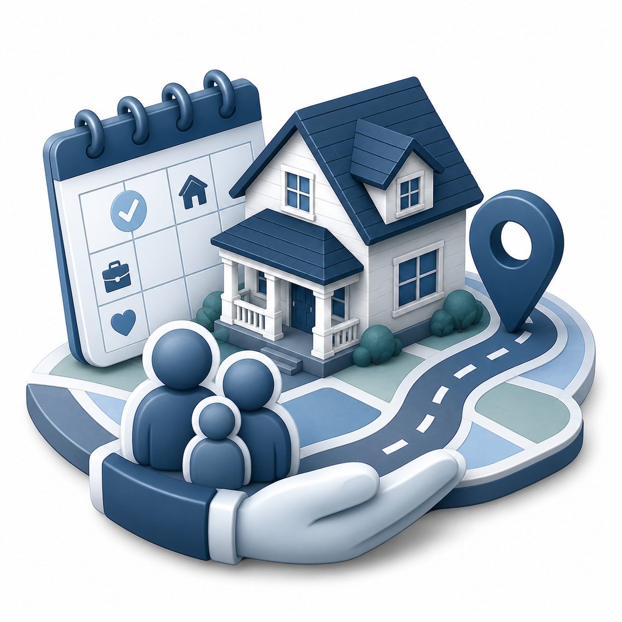 Clear communication icon showing a home, checklist, message bubbles, family, employer, and agent coordination.