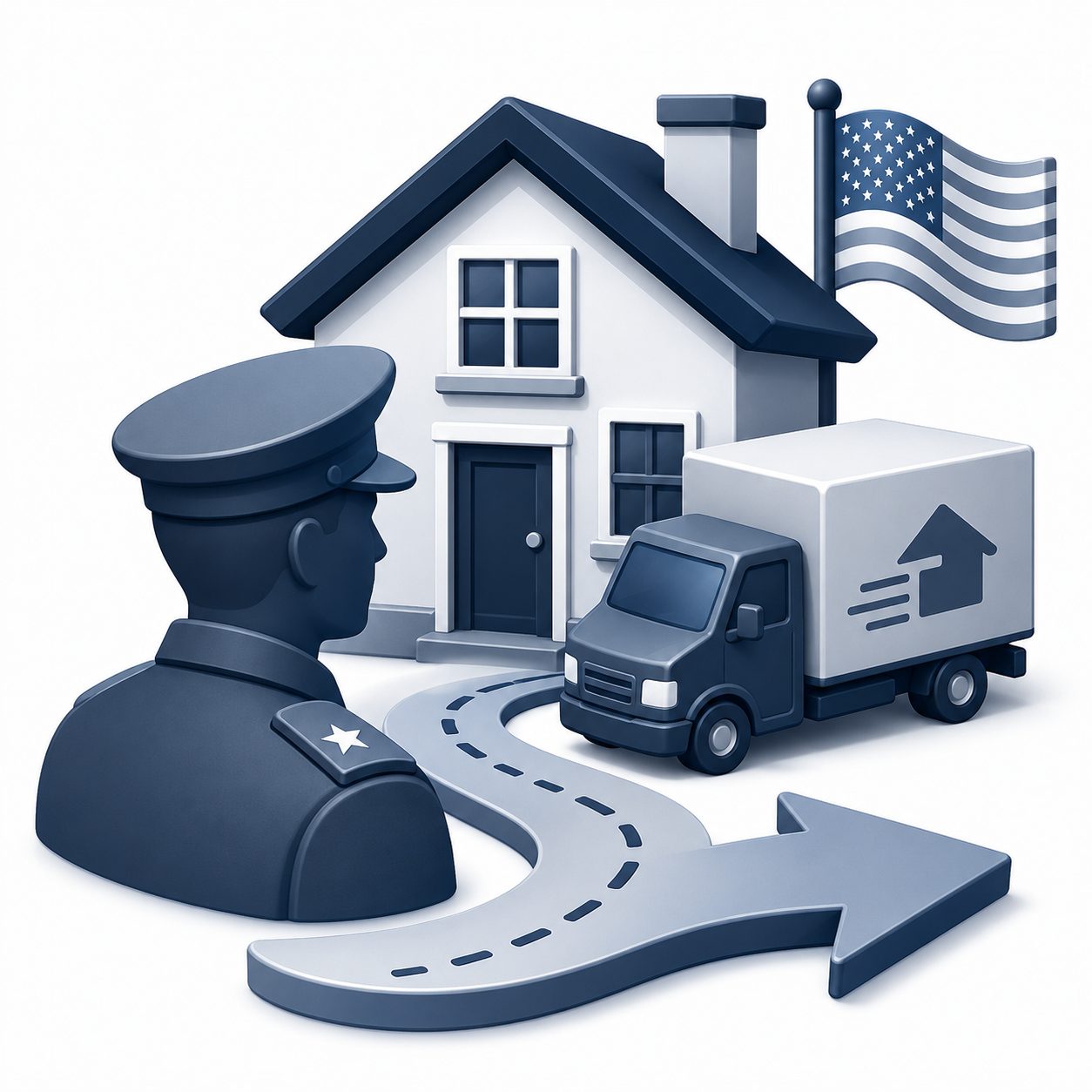 Active duty military real estate relocation icon showing a service member, home, moving truck, and American flag.