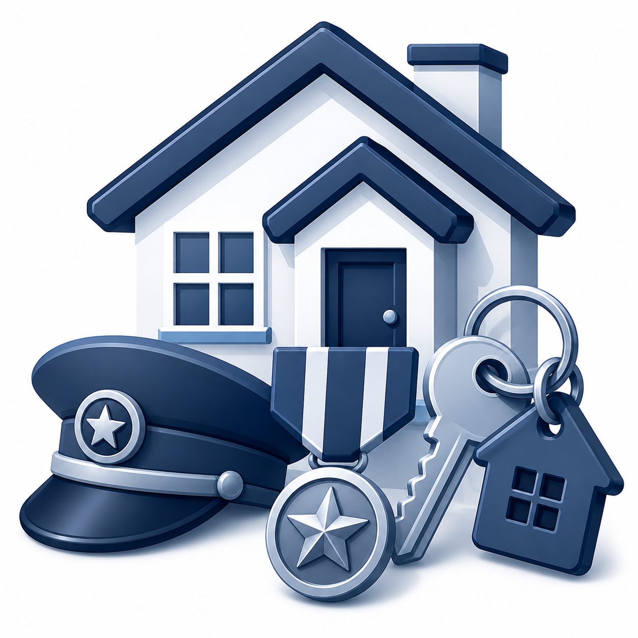 Veterans and retired military real estate icon showing a home, military cap, medal, and house keys.