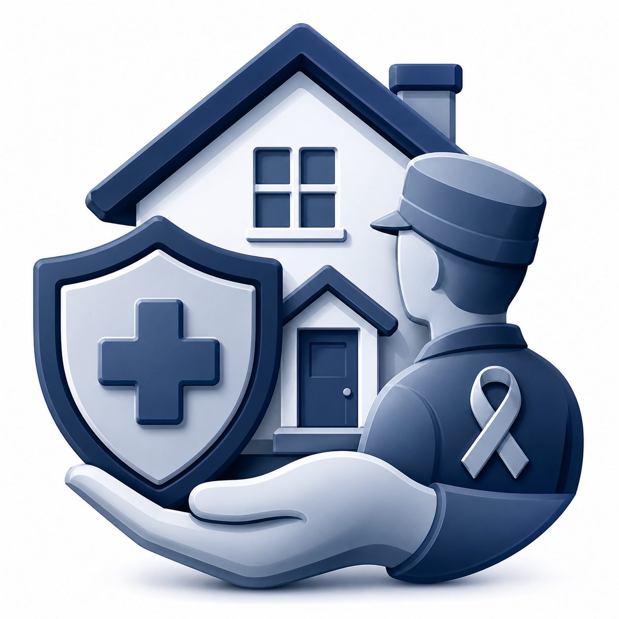 Wounded warriors real estate support icon showing a protected home, service member, shield, and awareness ribbon.