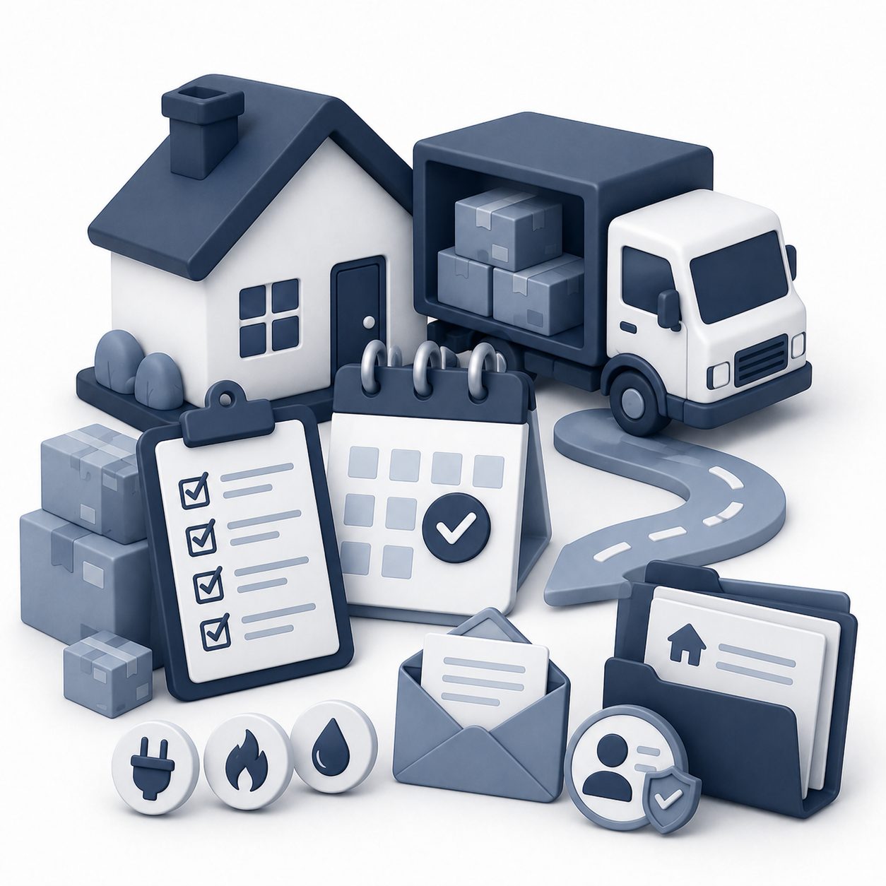 Move coordination icon showing a moving truck, boxes, calendar, utility planning, and relocation organization.