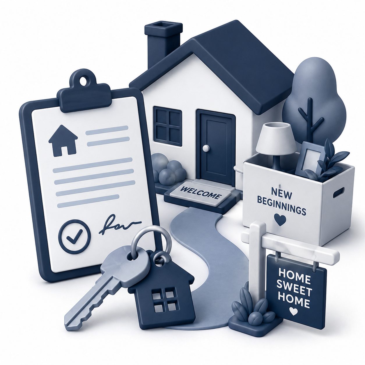 Closing and move-in icon showing a new home, signed paperwork, keys, and moving into a new community.