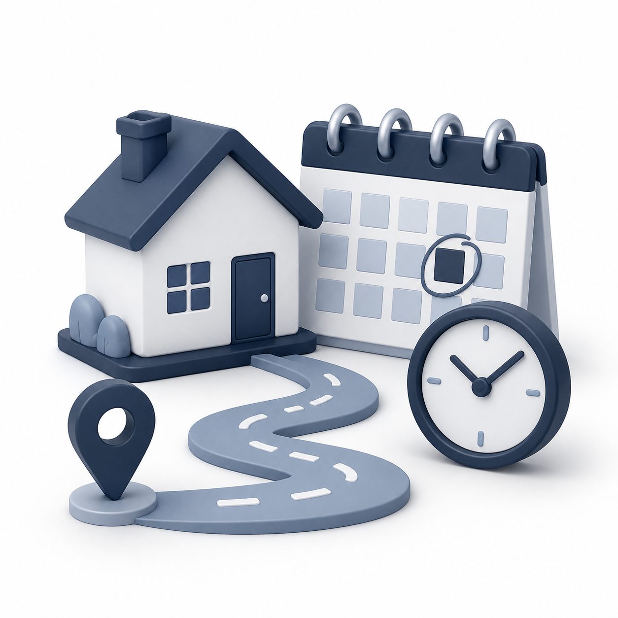 Relocation planning icon showing a home, calendar, clock, and schedule for defining a moving timeline.