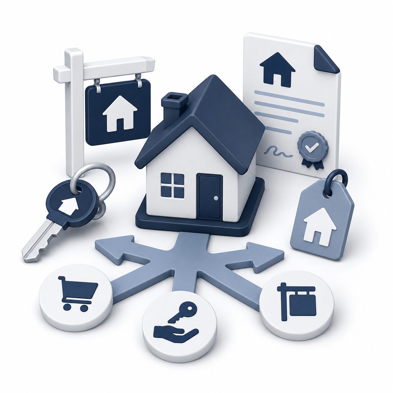 Real estate planning icon showing housing decisions for buying, selling, renting, or doing both during a move.
