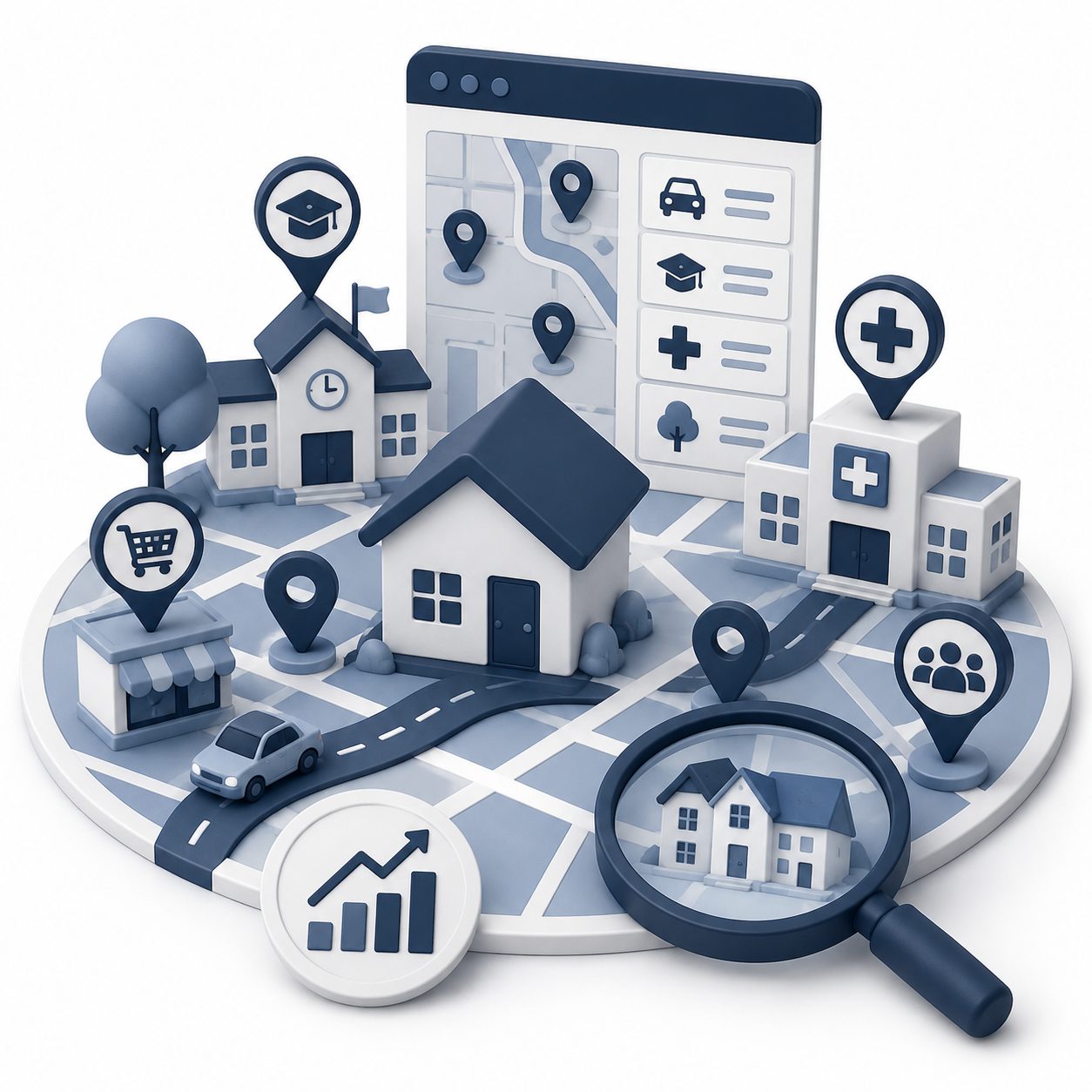 Community research icon showing a home, map, location pin, and neighborhood search for researching a relocation destination.