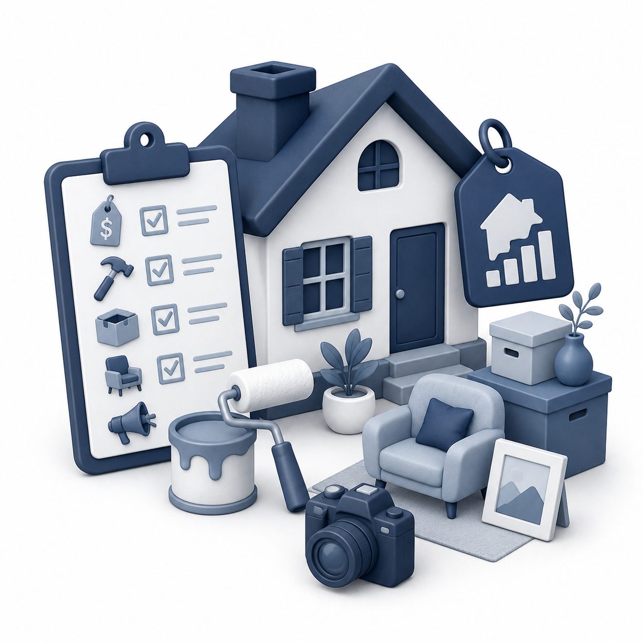 Home preparation icon showing a house, checklist, repairs, staging, and pricing strategy for preparing a current home to sell.
