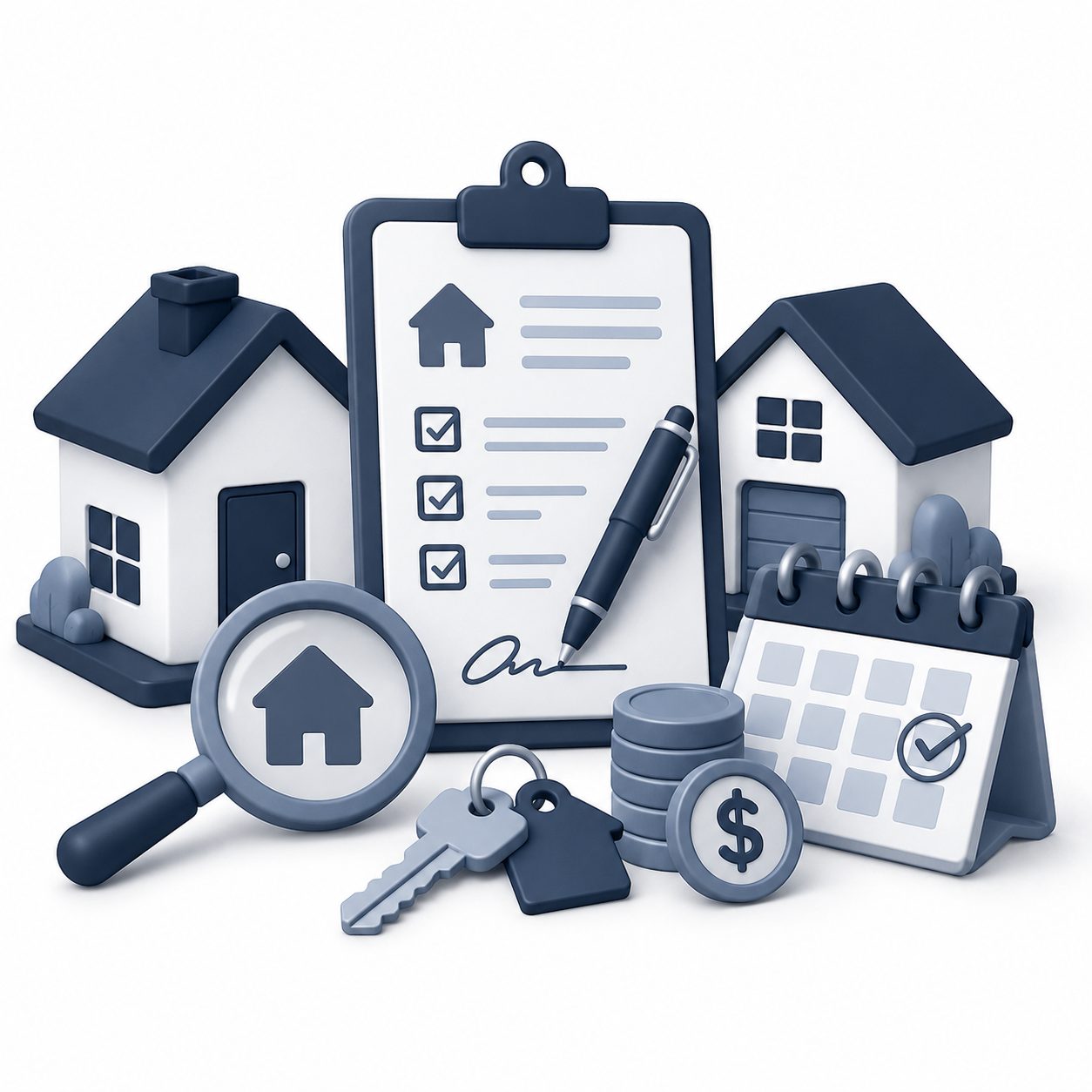 Real estate transaction icon showing a checklist, financing, inspections, and home buying or selling steps.