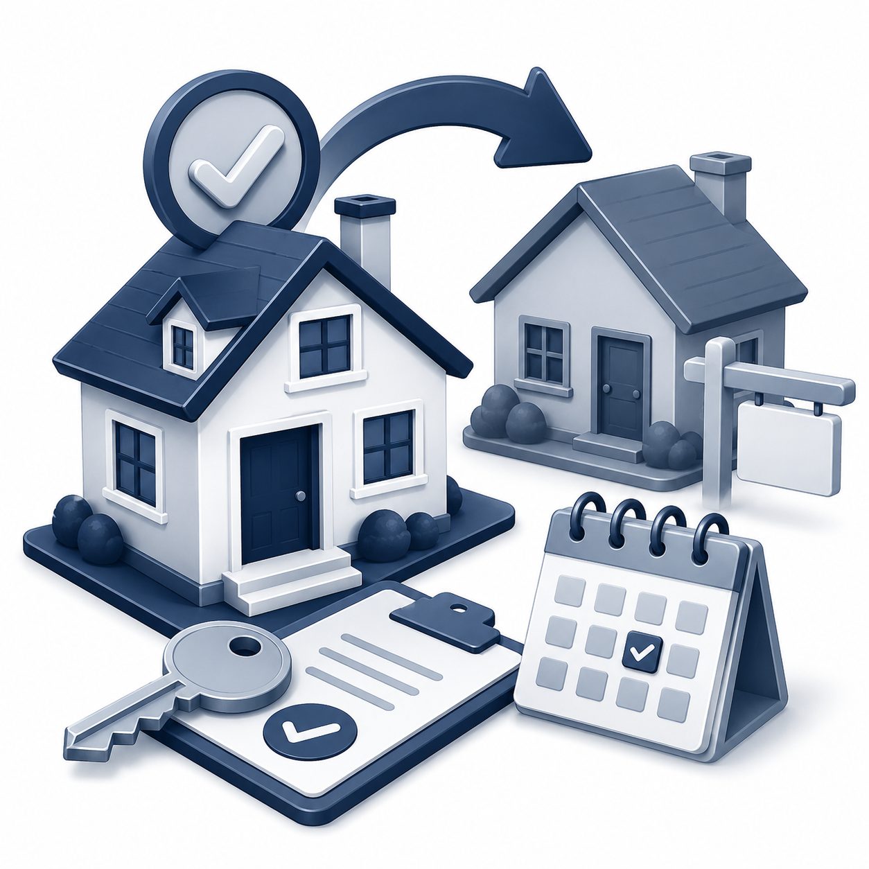 Buying before selling icon showing two homes, a key, calendar, and closing timeline for planning a move before selling your current home.