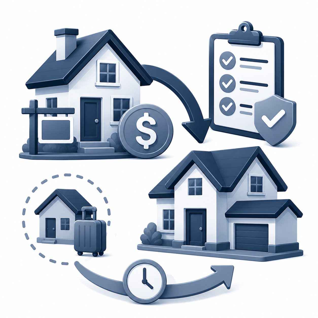 Selling before buying icon showing a home sale, budget planning, checklist, and timeline for reducing financial pressure before purchasing.