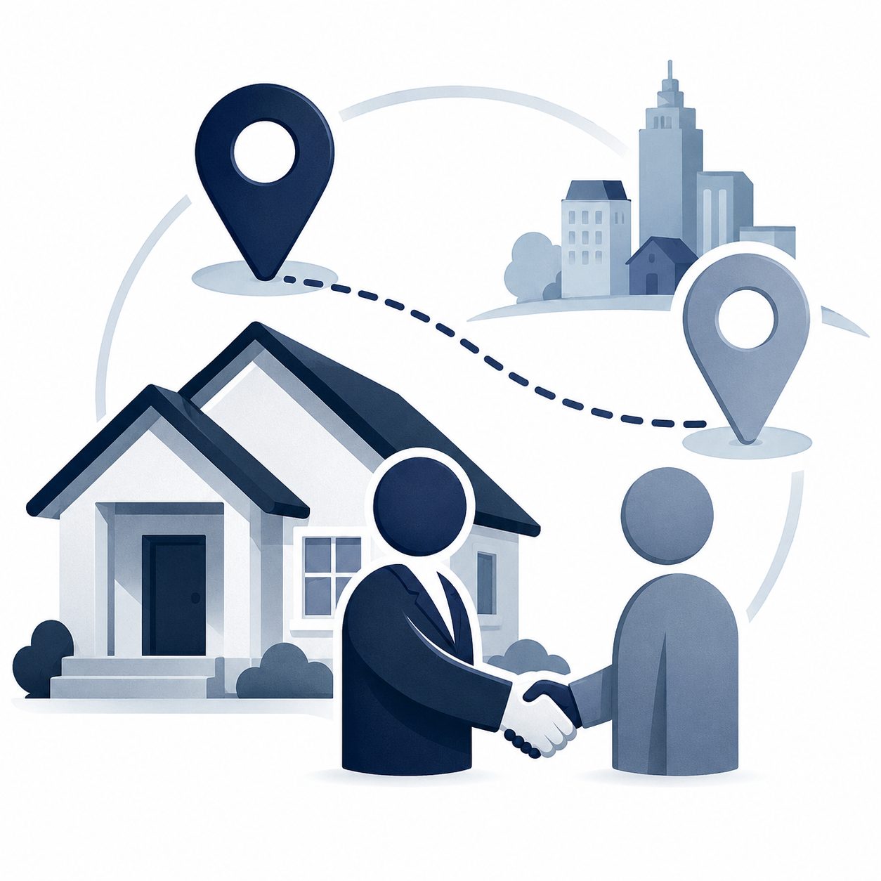 Agent connection icon showing a trusted real estate referral, handshake, destination market, and professional introduction.
