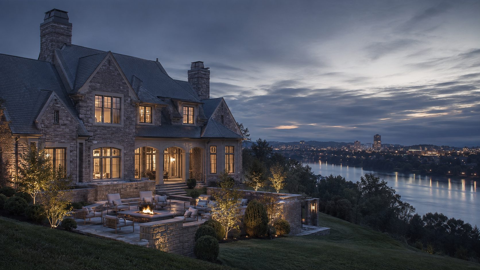 Luxury home overlooking the Tennessee River and downtown Knoxville at twilight