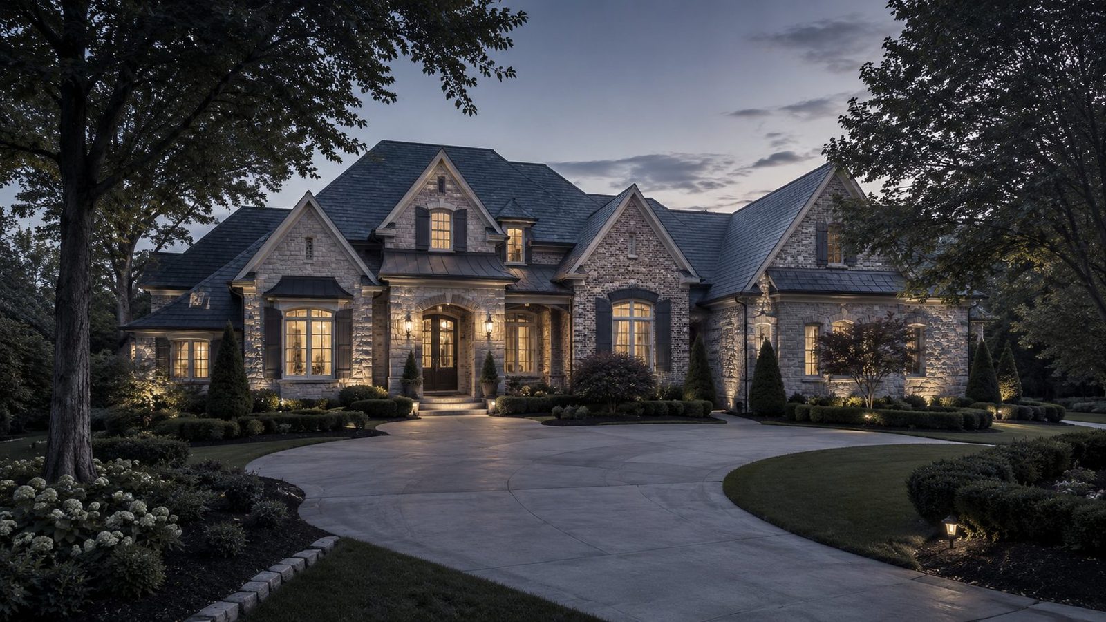 Luxury East Tennessee estate home at dusk