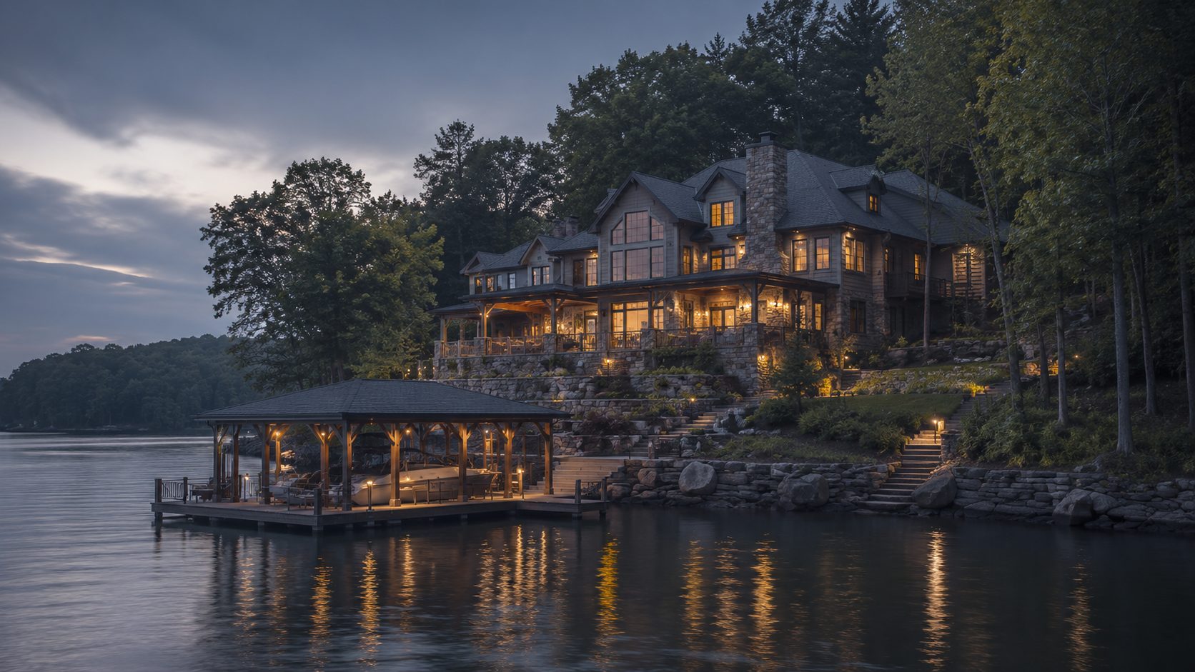 Luxury home on Norris Lake with private covered dock at twilight