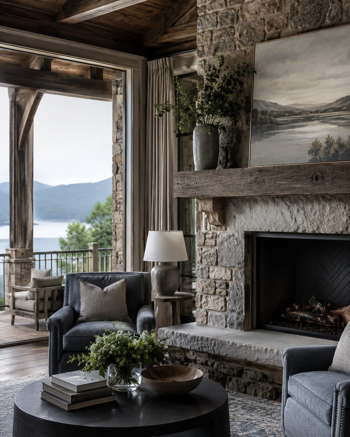 Refined luxury home interior with stone fireplace and lake view