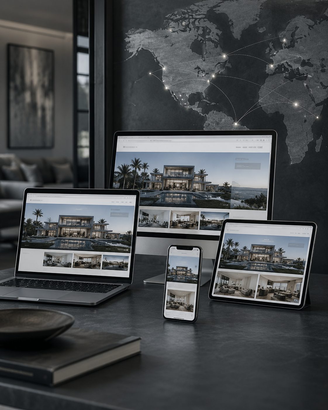 Luxury property listing displayed across digital devices with global network map