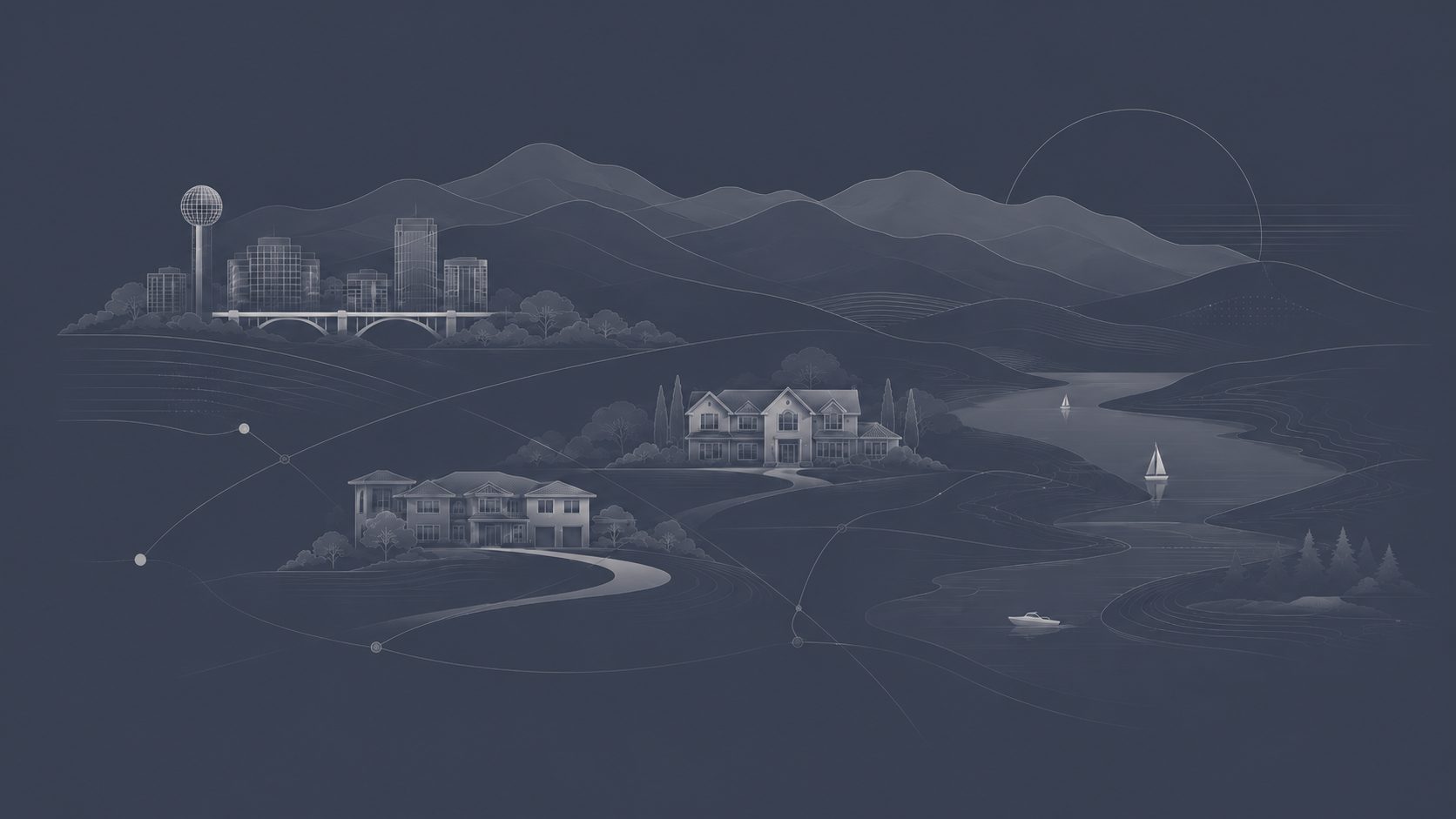 Illustrated East Tennessee luxury market scene with Knoxville skyline, waterfront homes, mountain communities, and connected neighborhoods.