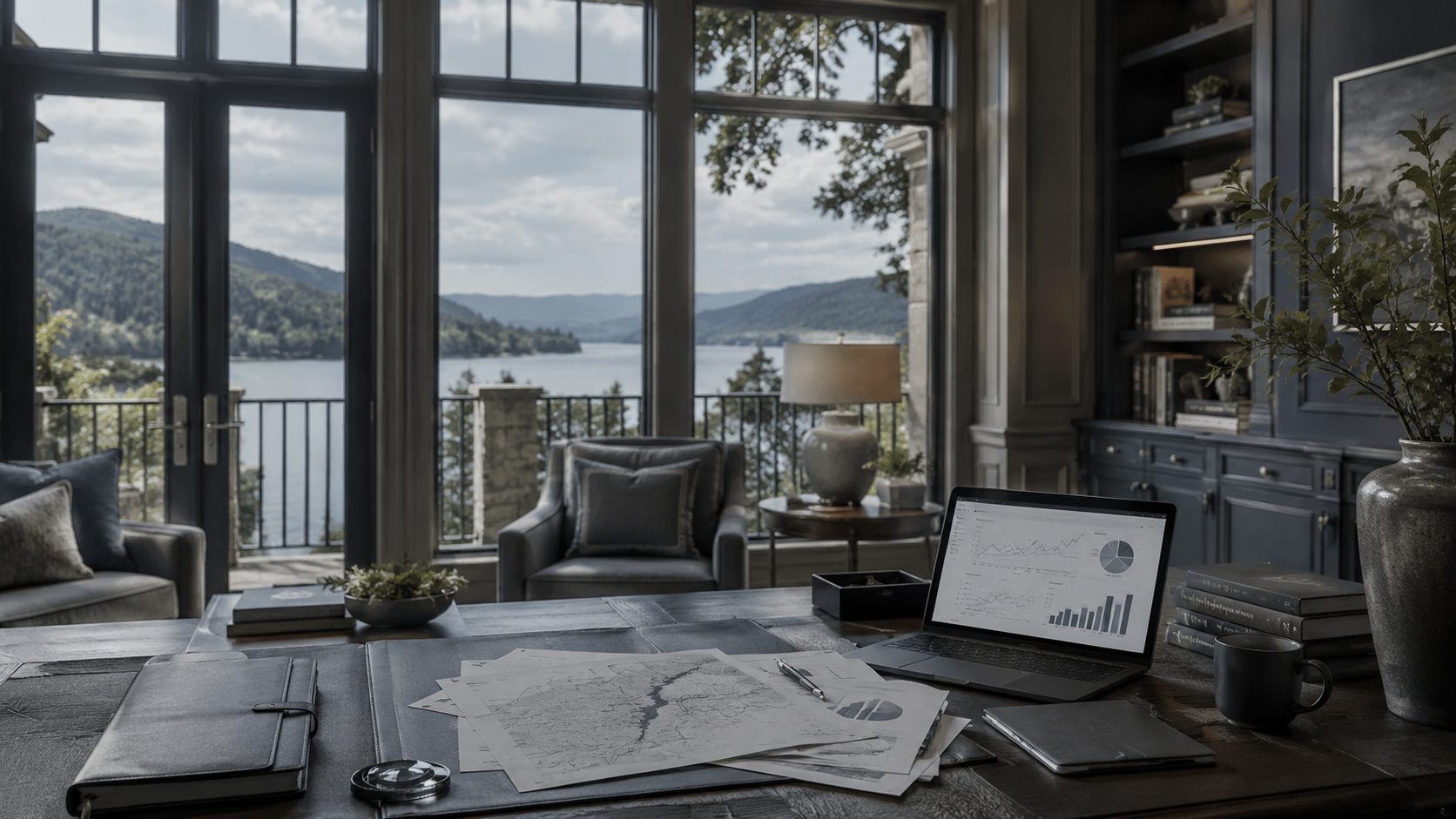 Luxury home office with East Tennessee lake views and local market research materials