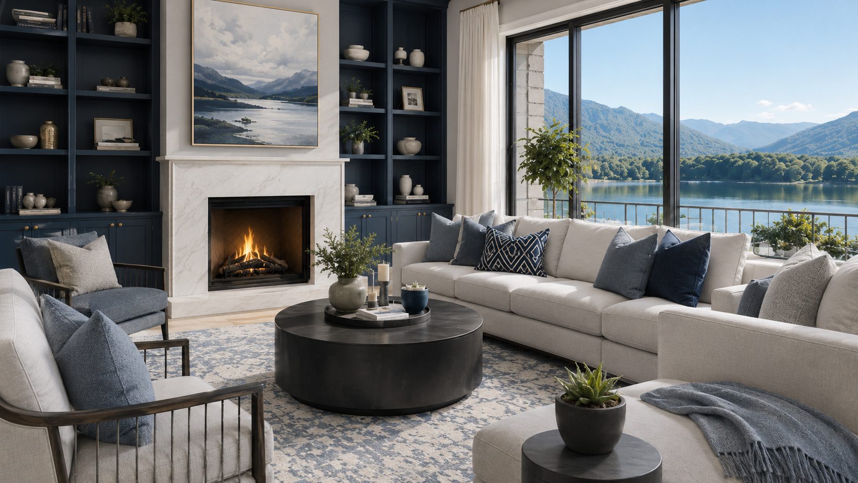 Bright luxury living room with blue-gray built-ins, fireplace, soft neutral furnishings, and peaceful lake views.