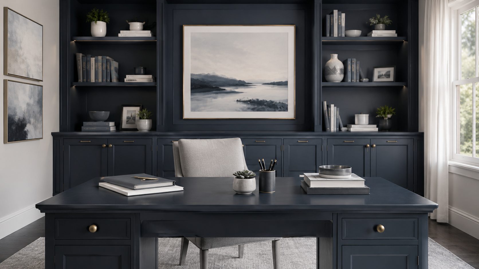 Elegant luxury home office with Wallace Midnight cabinetry, graphite desk, soft gray furnishings, and curated décor.