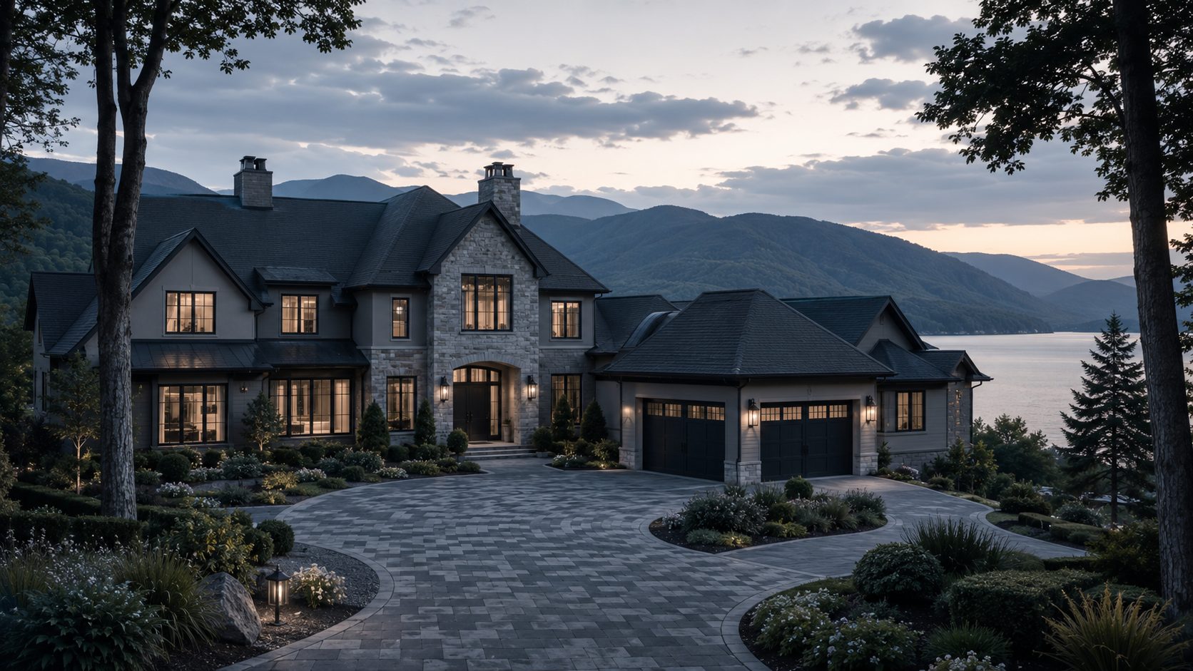 Luxury lakefront estate with blue-gray exterior finishes, stone accents, landscaped grounds, and East Tennessee mountain views.