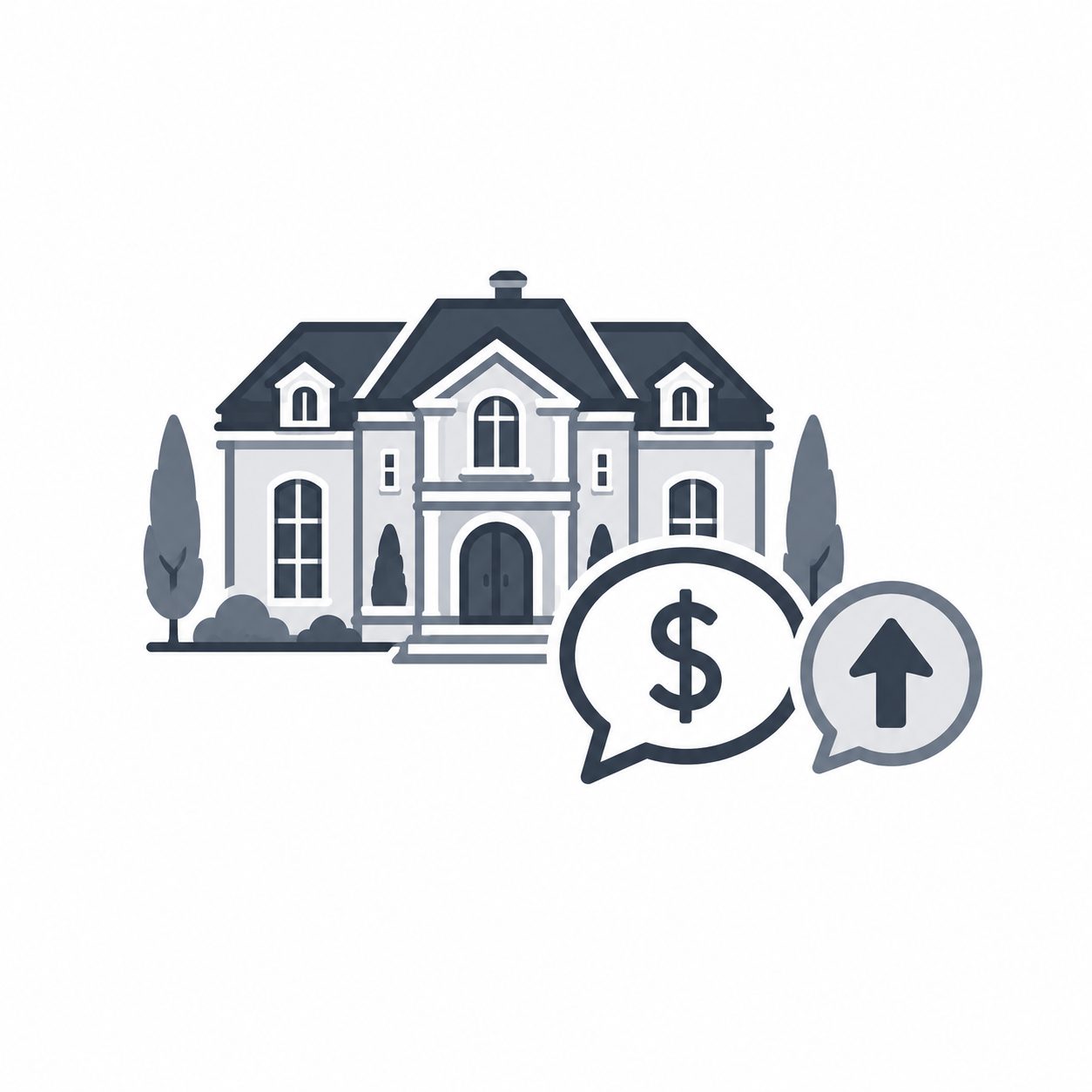 Luxury home with value symbols representing real estate pricing conversations