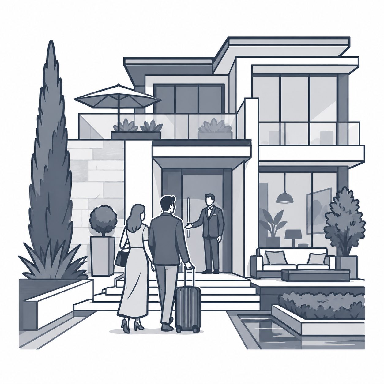 Luxury buyers arriving at a modern home with a personalized welcome