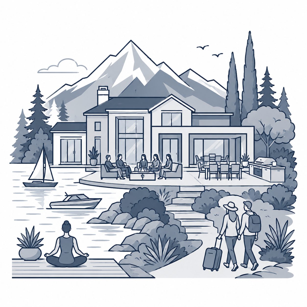 Luxury waterfront home with mountains, outdoor living, wellness, and recreation