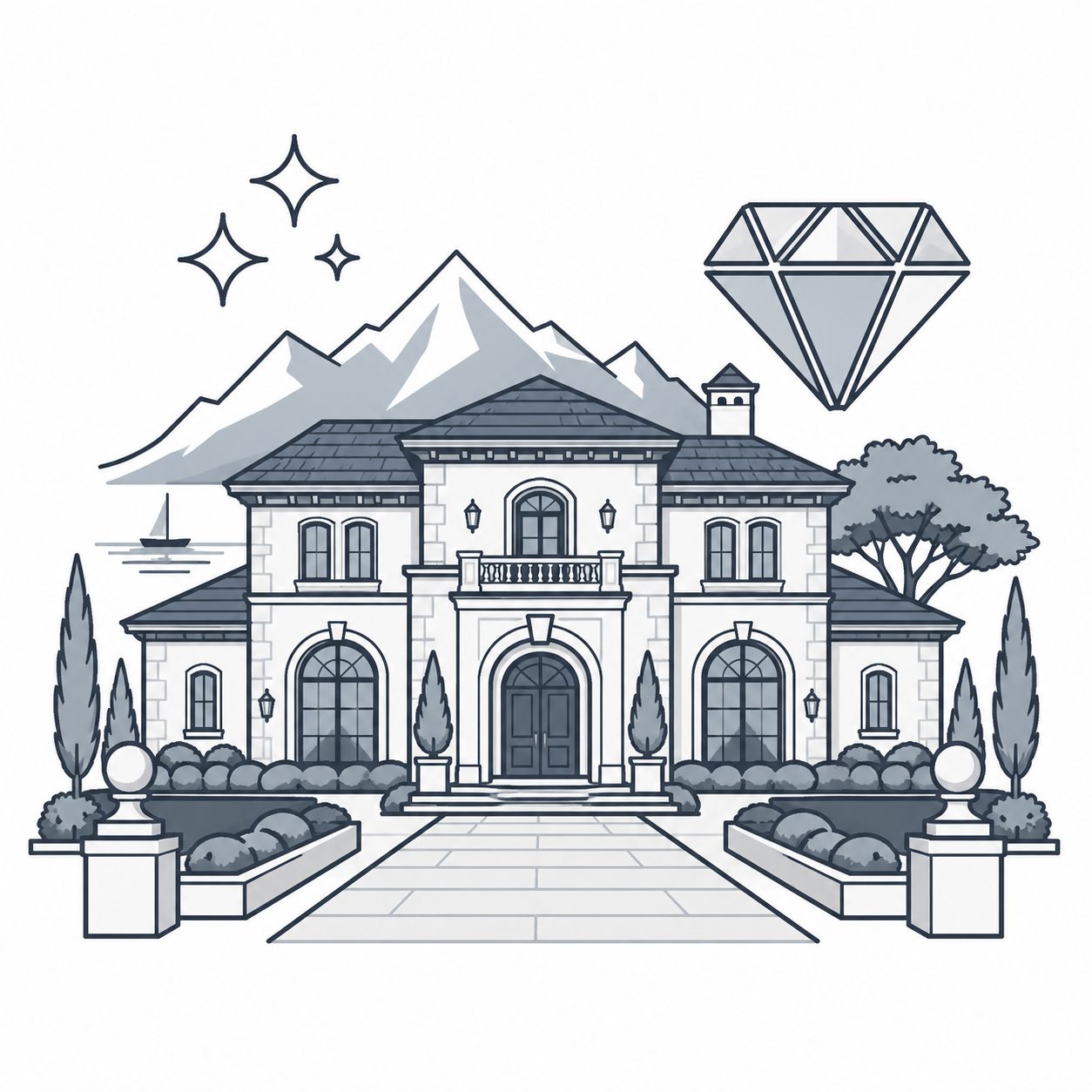 Elegant luxury residence with a diamond representing scarcity and perceived value