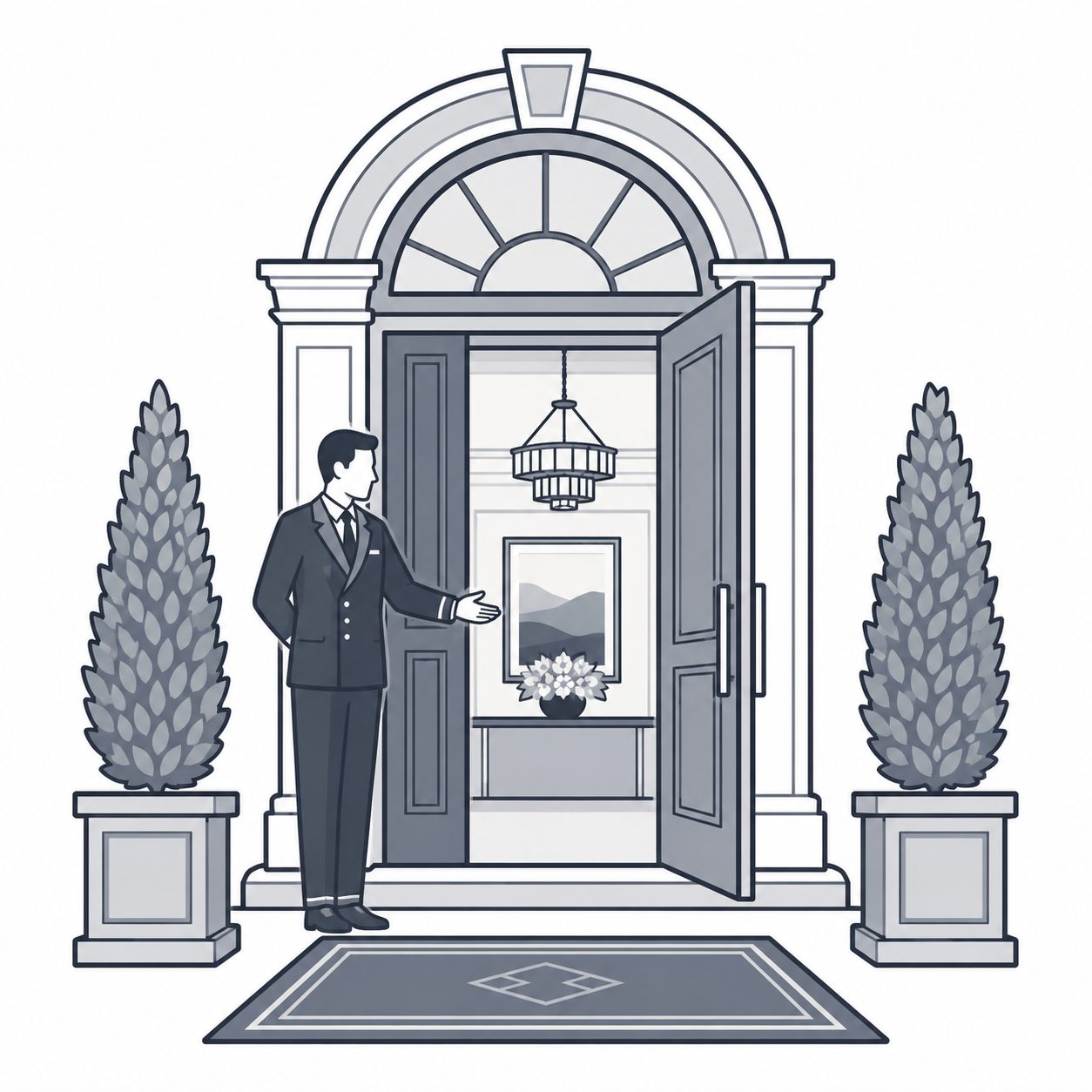Concierge welcoming a client into an elegant luxury residence