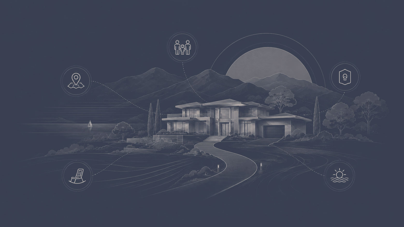 Modern luxury home with icons representing family, privacy, location, recreation, and lifestyle-focused buyer priorities.