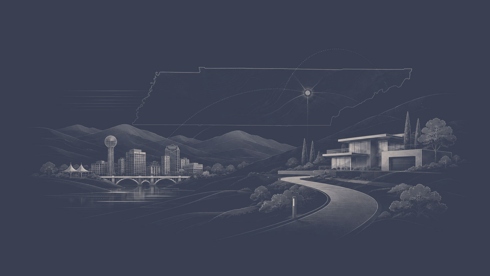 Tennessee map above a Knoxville skyline and modern luxury home representing relocation to East Tennessee.