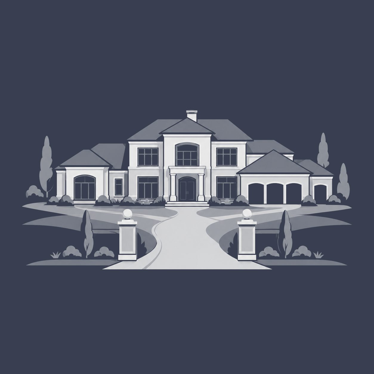 Private luxury estate with an expansive driveway and landscaped grounds