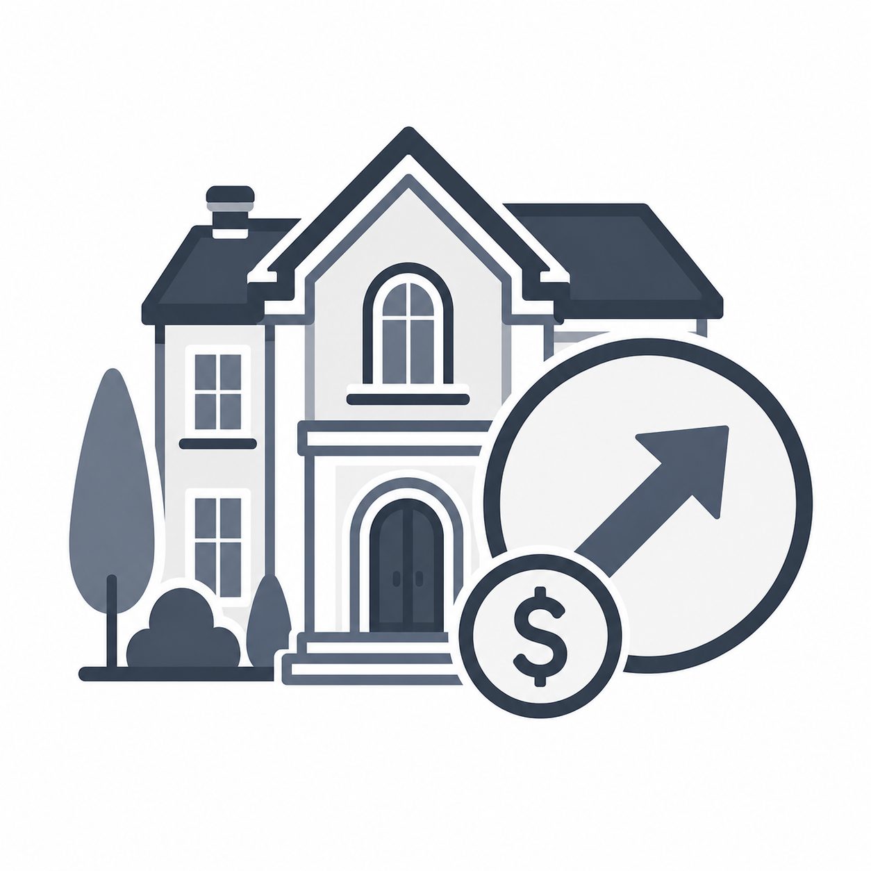 Luxury home with upward arrow and value symbol representing long-term value