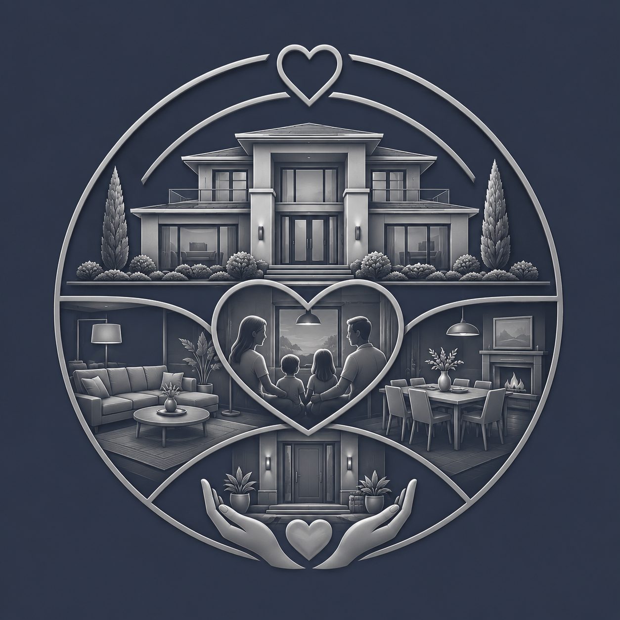 Luxury emotional connection icon showing a modern home, family-centered spaces, and warm interior living areas.