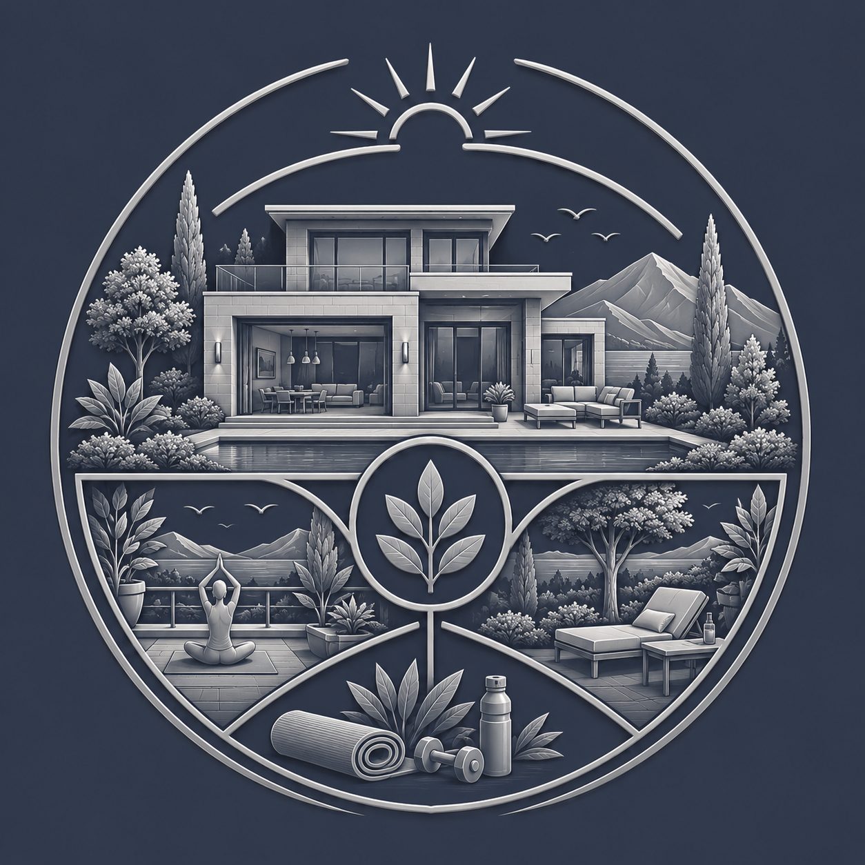 Luxury wellness and environment icon showing a modern home, natural surroundings, yoga, outdoor relaxation, and healthy living elements.