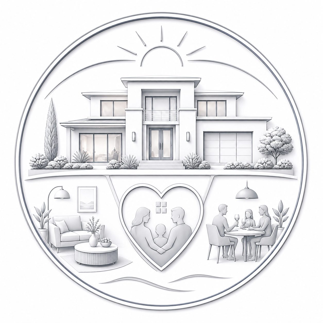 Luxury real estate icon showing a modern home, family connection, and warm living and dining spaces.
