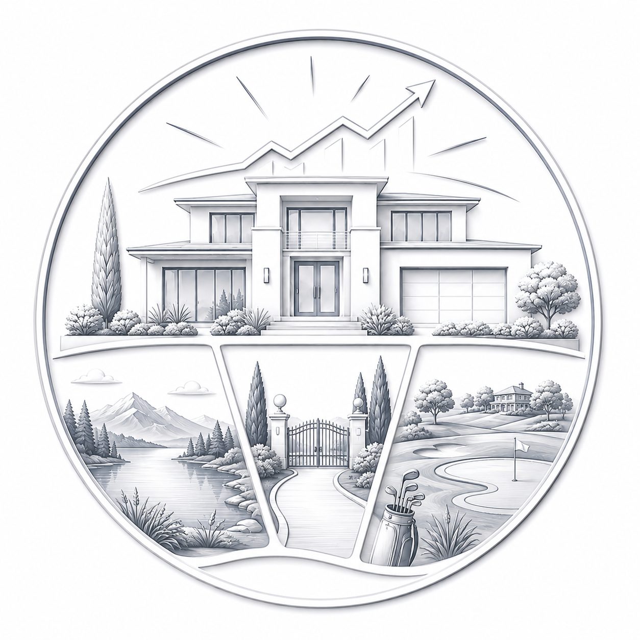 Luxury real estate icon showing a modern home with lakefront, gated, and golf lifestyle imagery.