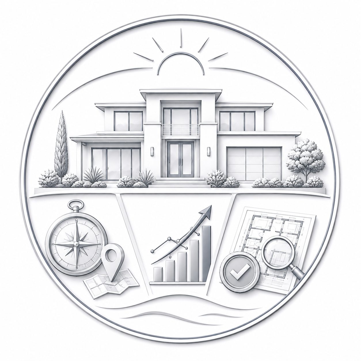 Luxury real estate icon showing a modern home with location, market growth, and property evaluation symbols.