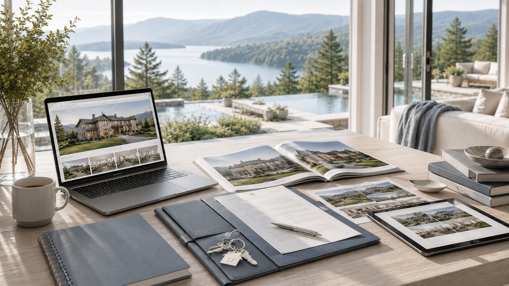 Luxury real estate planning workspace with property listings, regional map, tablet, globe, and East Tennessee lake views.