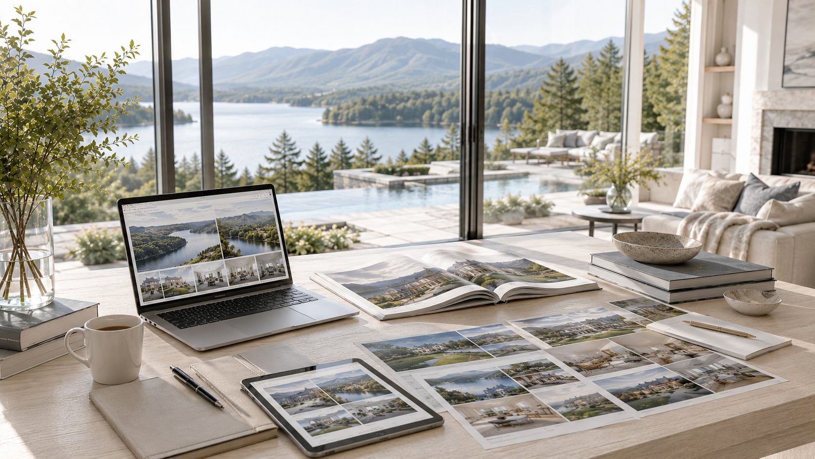 Luxury property research workspace with lakefront, mountain, golf, and community listings displayed across digital and printed materials.