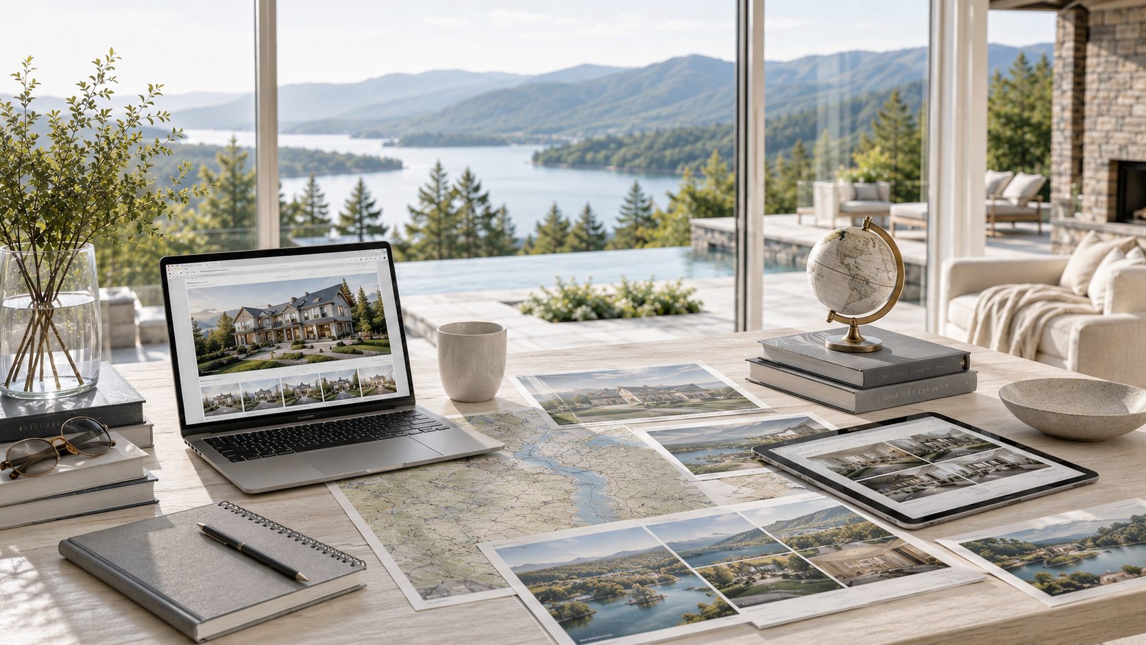 Luxury real estate workspace with global connection map, property listings, regional materials, and East Tennessee lake views.