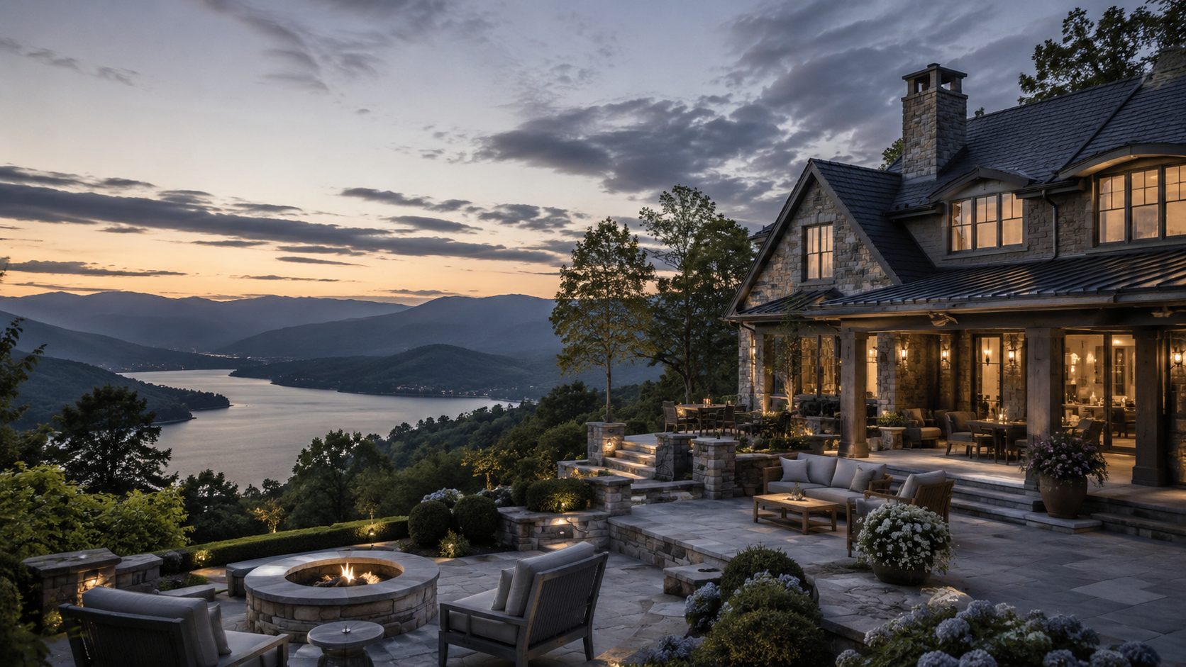 Luxury East Tennessee home with lake and mountain views at dusk