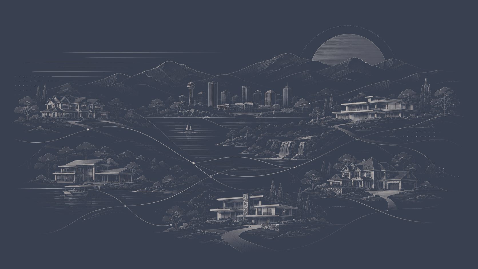 East Tennessee community illustration showing homes, roads, medical access, schools, shopping, dining, recreation, and travel routes.